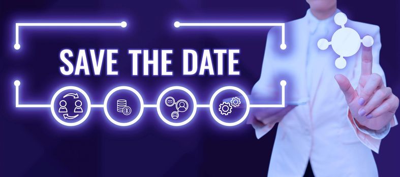 Text showing inspiration Save The Date, Business idea Systematized events Scheduled activity Recorded Filed Young Man Showing Business Solutions In Digital Lab With Digital Technology