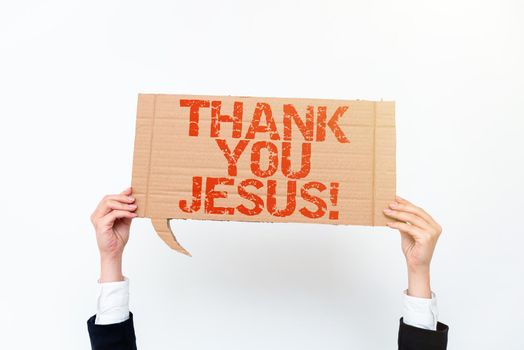 Inspiration showing sign Thank You Jesus, Concept meaning Being grateful for what the Lord has given you Religious Businessman Holding A Pad Showing On Digital Symbols In A Hexagon Pattern.