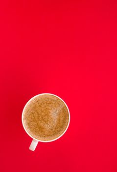 Breakfast, drinks and modern lifestyle concept - Hot aromatic coffee on red background, flatlay