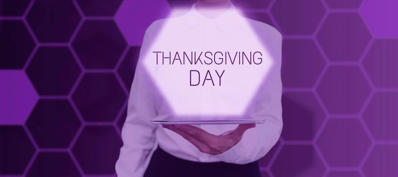 Hand writing sign Thanksgiving Day, Business idea Celebrating thankfulness gratitude November holiday Man With Light Bulbs And Puzzle Pieces Around Thinking New Ideas.