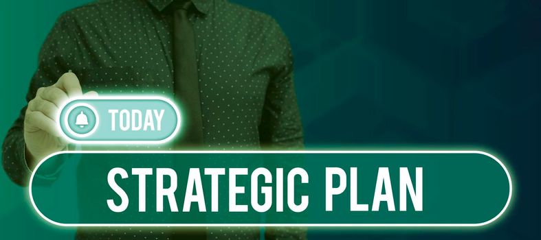 Conceptual caption Strategic PlanA process of defining strategy and making decisions, Business showcase A process of defining strategy and making decisions Man Wearing Vr Glasses Andpresenting Important Messages Between Hands.