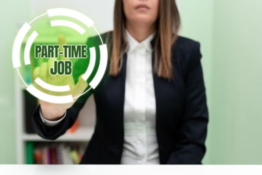 Conceptual caption Part Time Job, Business idea Working a few hours per day Temporary Work Limited Shifts Businessman in suit holding open palm symbolizing successful teamwork.