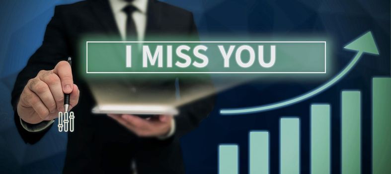 Text caption presenting I Miss You, Business overview Feeling sad because you are not here anymore loving message Woman Climbing Mountain Reaching Trophy Representing Success.