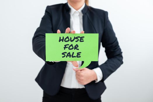 Writing displaying text House For Sale, Business approach Real estate property available to purchase opportunity Woman Holding Tablet Displaying New Updates On Presentation Board.