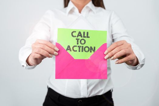 Handwriting text Call To Action, Word Written on Encourage Decision Move to advance Successful strategy Woman Holding Tablet With Power Button Sign And Receiving Important Data.