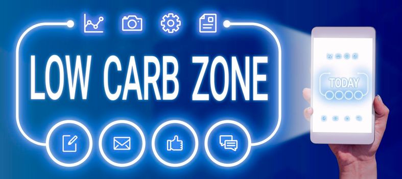 Conceptual display Low Carb Zone, Business showcase Healthy diet for losing weight eating more proteins sugar free Businessman Holding A Tablet With Glowing Digital S In A Futuristic Frame.