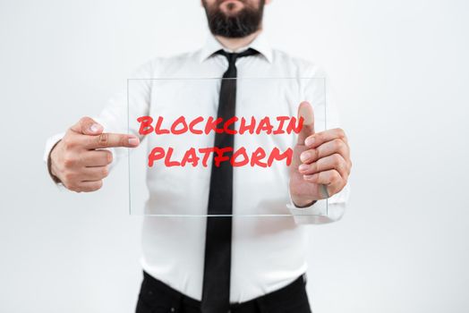 Text caption presenting Blockchain Platform, Business approach Cryptocurrency digital exchanging on virtual space Woman Showing Smartphone With Copy Space Presenting For Branding.