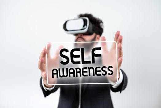 Text sign showing Self AwarenessConsciousness of a person towards a situation or happenings, Business showcase Consciousness of a person towards a situation or happenings Speech Bubble On Floor With Important Data Inside With Paper Wraps Around.