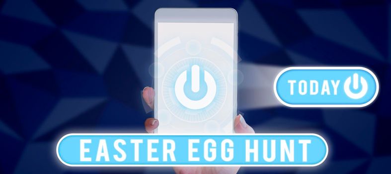 Handwriting text Easter Egg Hunt, Business showcase Searching special season treats presents spring tradition Businessman Holding A Pad With Important Data In Futuristic Lines Design.