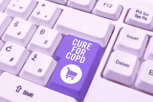 Sign displaying Cure For Copd, Internet Concept Medical treatment over Chronic Obstructive Pulmonary Disease Important Messages Presented On Piece Of Paper On Desk With Books.