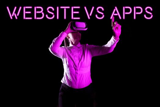 Sign displaying Website Vs Apps, Business overview Doubt between using a webpage or an online application Man Having Futuristic Frame In Hands And Presenting Important Informations.