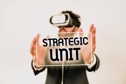 Text showing inspiration Strategic Unitprofit center focused on product offering and market segment., Business concept profit center focused on product offering and market segment. Businessman Pointing Important Informations With Pen In Hand.