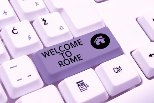 Handwriting text Welcome To Rome, Business overview Arriving to Italia capital city knowing other cultures Businessman in suit holding open palm symbolizing successful teamwork.