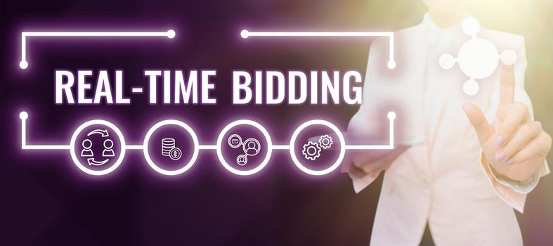 Writing displaying text Real Time Bidding, Concept meaning Buy and sell advertising inventory by instant auctions