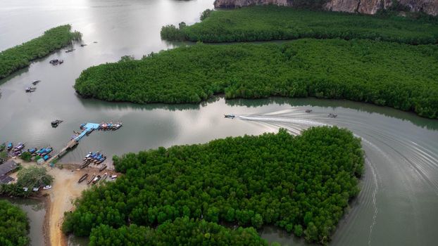 Aerial view of Thai traditional longtail fishing boats at the pier in Phang Nga Bay in the Andaman Sea, Thailand. Top view of many fishing boats floating in the sea among mangrove forest.