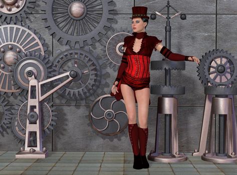 A woman dressed in gothic Steampunk style with industrial gears background.