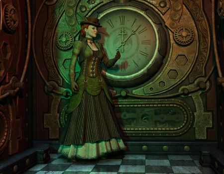 A woman dressed in gothic Steampunk style with a clock background.