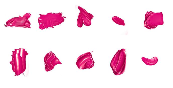 Pink beauty swatches, skincare and makeup cosmetic product sample texture isolated on white background, make-up smudge, cream cosmetics smear or paint brush stroke closeup