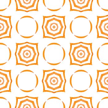 Watercolor medallion seamless border. Orange dramatic boho chic summer design. Textile ready curious print, swimwear fabric, wallpaper, wrapping. Medallion seamless pattern.