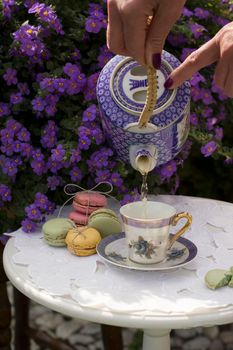 outdoor picnic with a cup of herbal tea and macaroon cakes, a woman's hand pours tea from a teapot into a cup. High quality photo