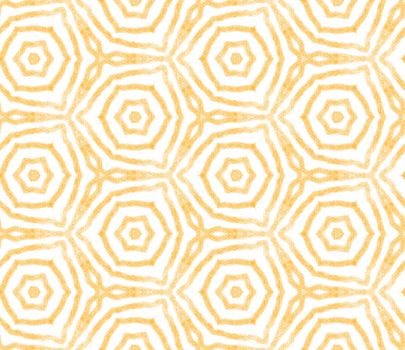 Medallion seamless pattern. Yellow symmetrical kaleidoscope background. Watercolor medallion seamless tile. Textile ready amusing print, swimwear fabric, wallpaper, wrapping.