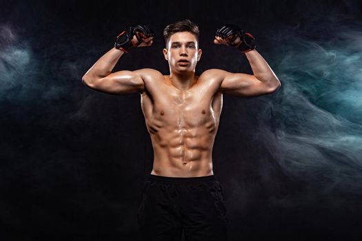 Street fighter fighting in boxing cage. Background with lights and smoke. Action shot with copy space.