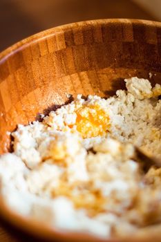 Flour, eggs and cottage cheese, rustic cookbook recipe - weekend cooking, food blog and homemade cuisine concept. Making your favorite pastry