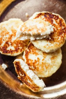 Lactose free, low carb cottage cheese pancakes, cookbook recipe - healthy nutrition, rustic and traditional food concept. Your favourite homemade breakfast is served