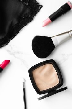 Make-up and cosmetics on marble, flatlay - modern feminine lifestyle, vlog background and styled stock concept. Beauty inspiration in a fashion blog