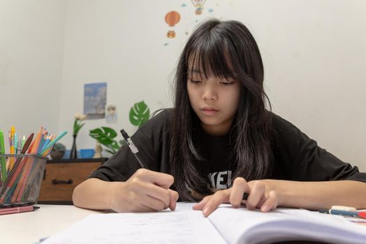 Asian student girl is writing homework and reading book at desk