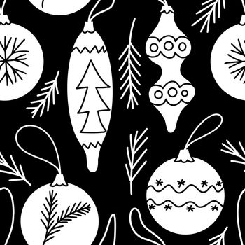 Hand drawn black and white seamless pattern with Christmas winter trees ornaments. Nordic Scandinavian new year december minimalist design, cute fabric print, cartoon doodle style