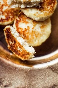 Lactose free, low carb cottage cheese pancakes, cookbook recipe - healthy nutrition, rustic and traditional food concept. Your favourite homemade breakfast is served