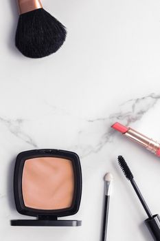 Modern feminine lifestyle, blog background and styled stock concept. Beauty and fashion inspiration - Make-up and cosmetics flatlay on marble