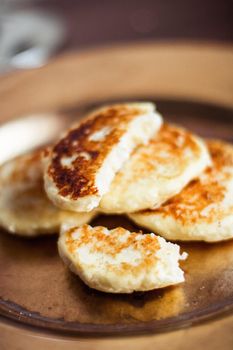 Lactose free, low carb cottage cheese pancakes, cookbook recipe - healthy nutrition, rustic and traditional food concept. Your favourite homemade breakfast is served