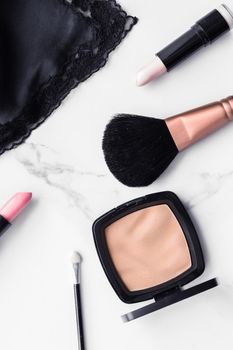 Modern feminine lifestyle, blog background and styled stock concept. Beauty and fashion inspiration - Make-up and cosmetics flatlay on marble