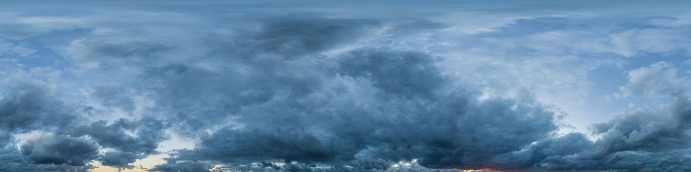 Sky panorama on overcast rainy day with low clouds in seamless spherical equirectangular format. Complete zenith for use in 3D graphics, game and for aerial drone 360 degree panorama as a sky dome.