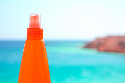 Suntan lotion, spf protection and skin care, sun tan bottle on the beach, beauty and skincare cosmetics product brand