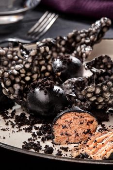 Appetizer with salmon pate, ink cuttlefish, crackers served on white tray over black wooden background. Close-up. Photo for the menu. Molecular gastronomy