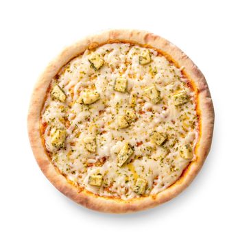 Overhead view isolated on white of a whole freshly baked delicious four cheeses Italian pizza on white background. Still life. Copy space
