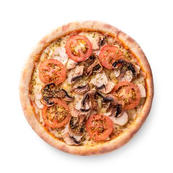 Meat chicken and mushrooms pizza isolated on white background. Top view. Photo for the menu