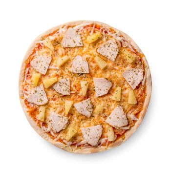 Delicious italian pizza with pineapples and chicken fillet isolated on white background. Still life. Copy space. Top view. Flat lay