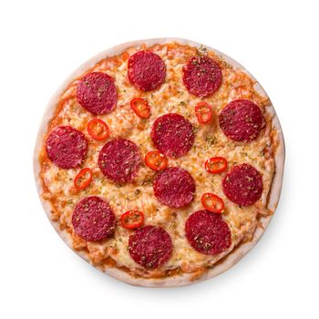 Thinly sliced pepperoni is a popular pizza topping in American-style pizzerias. Isolated on white background. Still life