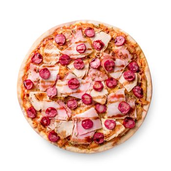 Ham and sausage pizza on white background. Copy space. Homemade with love. Fast delivery. Recipe and menu. Top view.