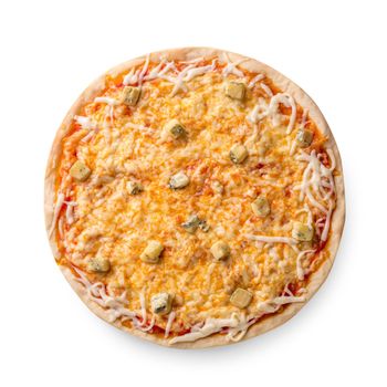 Overhead view isolated on white of a whole freshly baked delicious four cheeses Italian pizza on white background. Still life. Copy space