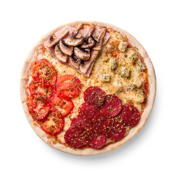 Pizza with pepperoni, champignons, tomato and cheese. Four tastes in one pizza on white background. Photo for the menu
