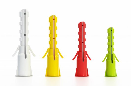 Plastic dowels in various size and colors. 3D illustration.