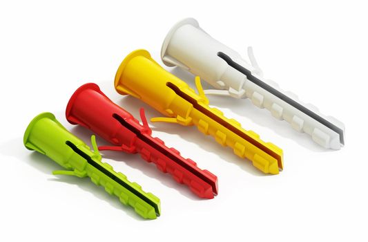 Plastic dowels in various size and colors. 3D illustration.