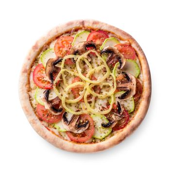 Mushroom pizza vegetarian on white background isolated. Still life. Copy space. Top view. Flat lay