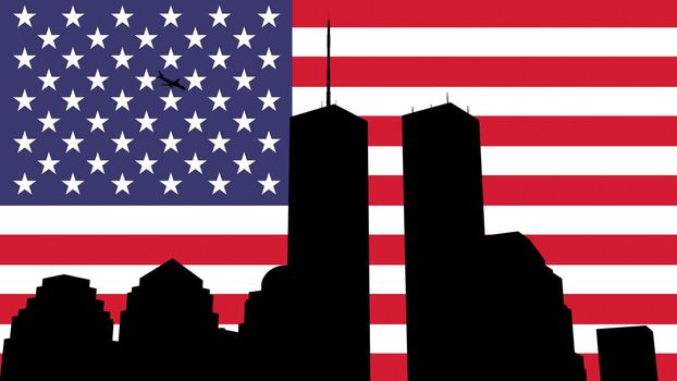 twin towers silhouette front of the american flag 3d illustration 