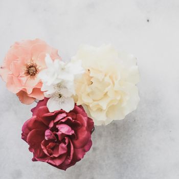 Wedding decor, floral background and beautiful home garden concept - Vintage roses on marble